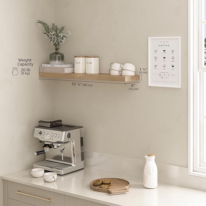 Ballucci Floating Shelf, 36" Wood Wall Shelf with Invisible Brackets for Bathroom, Living Room, Bedroom, Kitchen, Nursery, 8" Deep, Oak Finish