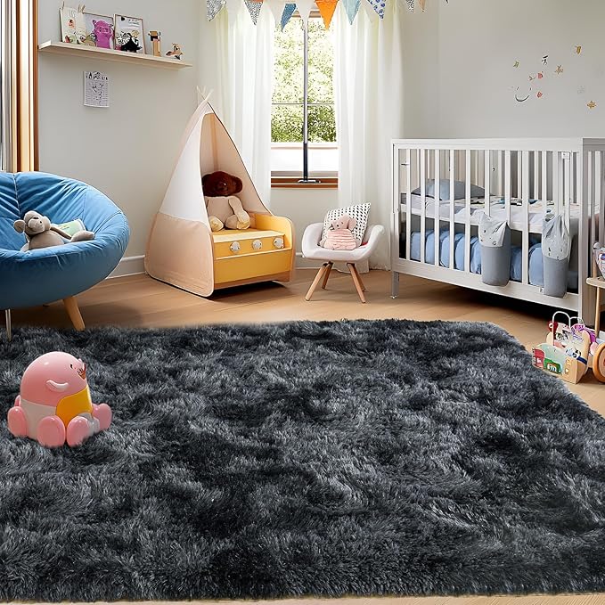 Area Rugs for Living Room 6x9, Ultra Soft Fluffy Rug for Bedroom, Modern Shaggy Carpets Fuzzy Rug for Girls Boys Room Home Indoor Nursery Teens Dorm Decor, Upgrade Non-Slip Durable, Dark Grey
