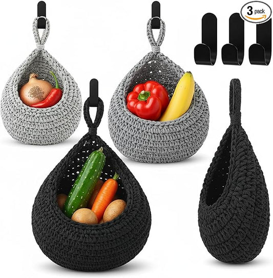 Honeydak Boho Decor Hanging Wall Baskets for Kitchen 3 Pack Teardrop Baskets with Hooks Storage Fruit Onion Vegetable Potato for Home 3 Sizes(Light Grey, White, Dark Grey,Teardrop,Cotton Rope)