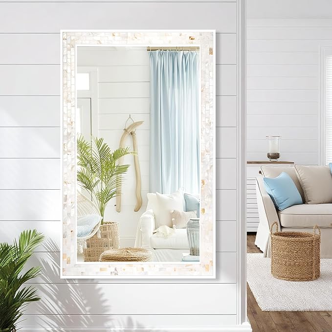 Tanmicoshomy 24 x 47 Inch White Rectangle Wall Mirror, Natual Shell Framed Rectangle Bathroom Mirrors with Tempered Glass for Bedroom Living Room or Entryway, Horizontal or Vertical Hanging