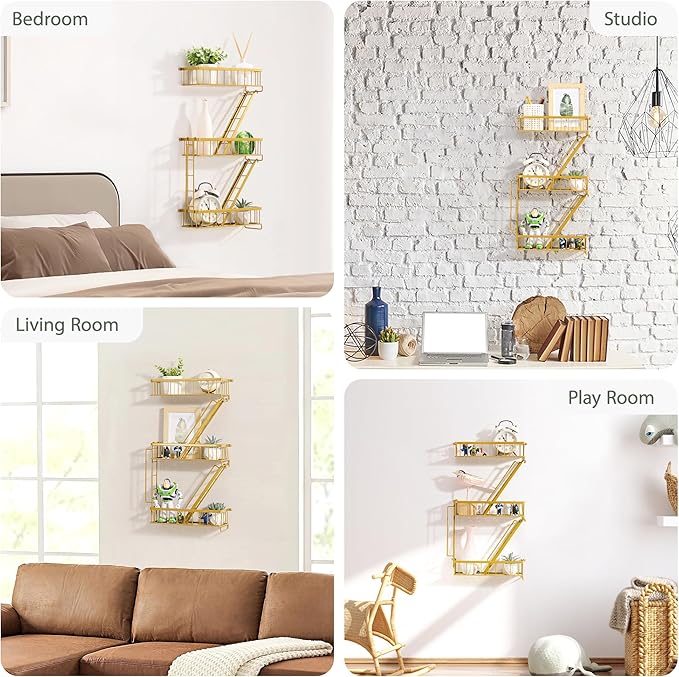 SweetSage Fire Escape Wall Shelf Gold - New York Decorative Ladder Shelf, Metal Decorative Shelving for Living Room, Home Décor, Action Figure Display (3-Tier)