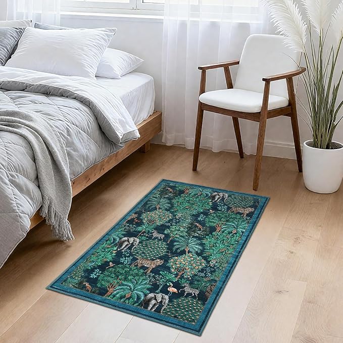 GarveeHome Jungle Rug 2x3 Animal Print Rugs Non Slip Washable Front Door Rug for Entryway, Indoor Kitchen Rugs Low-Pile Small Door Mat Forest Carpet for Bedroom Home Décor, Blue