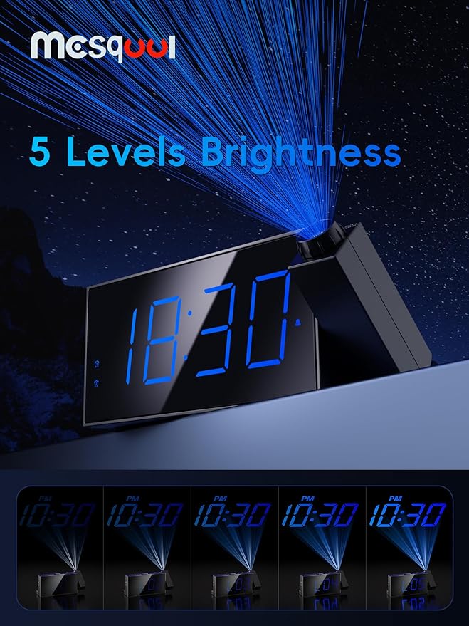 Mesqool Projection Alarm Clock, Loud Vibrating Alarm Clock for Heavy Sleepers, Adjustable Projection Brightness,Hearing Impaired & Deaf People, Digital Alarm Clock with USB Charging Port