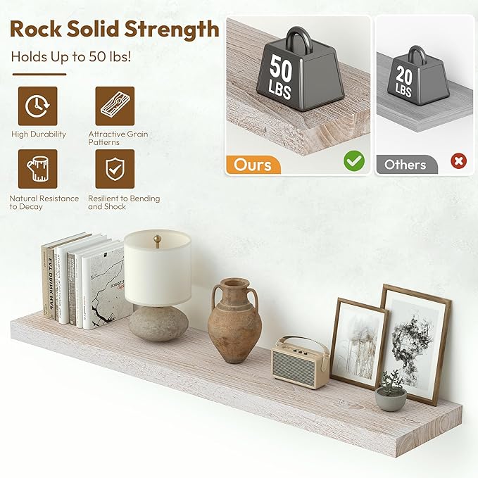 Vivelove Solid Wood Floating Shelves Set of 2, Elm Wood Wall Shelf with Invisible Bracket for Living Room Bedroom Bathroom Office, Rustic Farmhouse Display Shelf, 36 inch - Weathered White