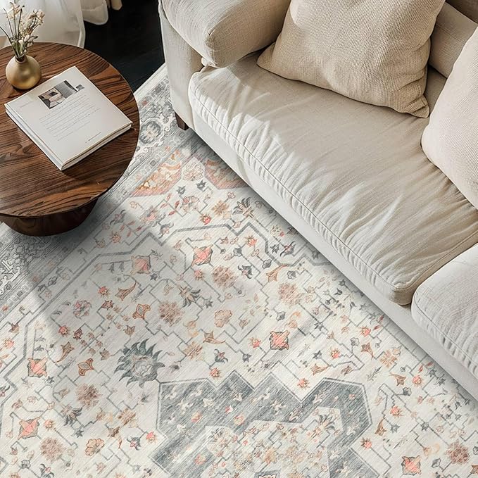 Rugxara 6x9 Tapue Washable Area Rug for Living Room, Vintage Neutral Large Boho Rugs for Office, Dining Room, Kids Room, Farmhouse, Low Pile Non Slip Carpet for High Traffic Areas, Taupe