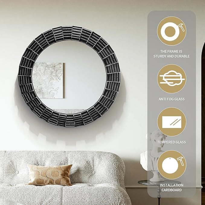 30 Inch Decorative Wall Mirror, Black Mirrors for Wall Decor, Round Wooden Wall Art Mirror, Large Wall Mirrors for Living Room,Bedroom, Bathroom, Entryway