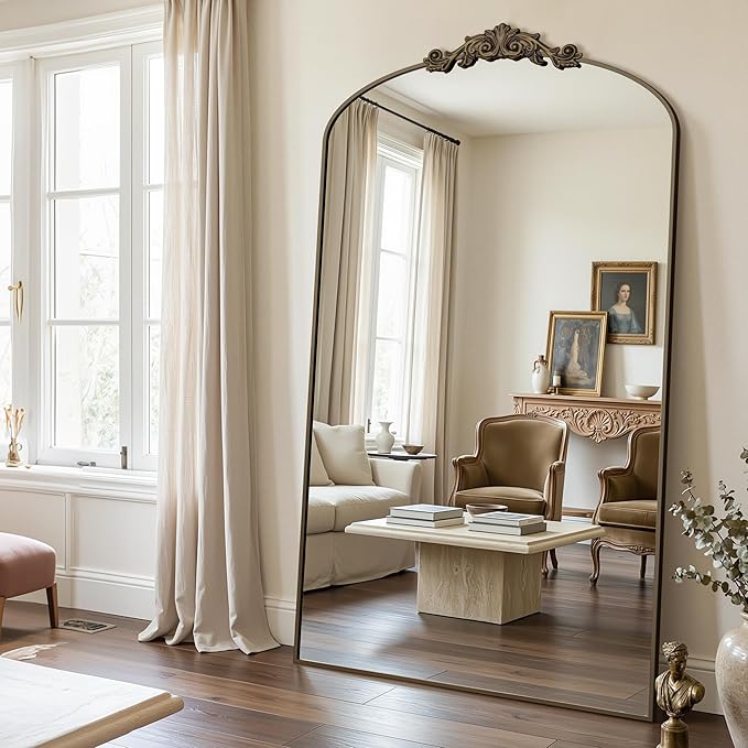 Vintage Full Length Mirror,72"x44" Arched Antique Floor Mirror with Carved Metal Frame,Large Standing Wall Mounted or Leaning Mirror for Bedroom Living Room Entryway,Bronze