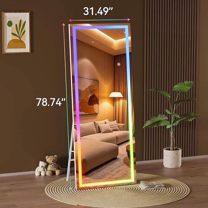 Hasipu 79"x31" LED RGB Bluetooth Full Length Mirror with Lights, Full Body Mirror with Stand, Wall Mount & Free Standing Floor Mirror for Bedroom Living Room Cloakroom, 7 Color & Brightness Adjustable