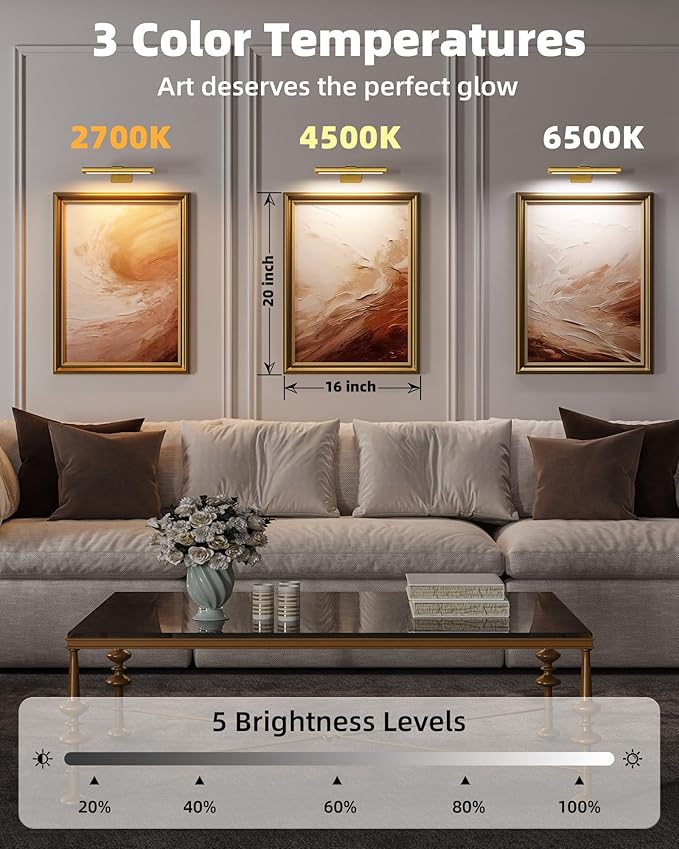 EZVALO Picture Light for Wall, Rechargeable 2400mAh Battery Lights Wireless with IR Remote, 3 Color & Dimmable Magnetic 7.87'' LED Lights Display for Painting, Living Room, Gallery, Bedroom(Gold-2P)