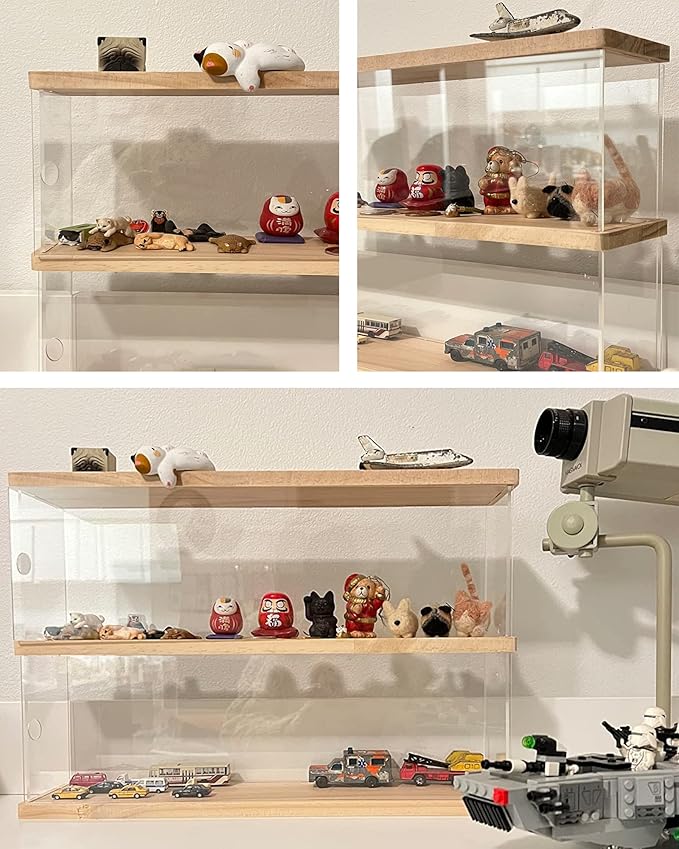Clear Acrylic Display Shelf Case for Mini Funko Pop, Wooden Display Stand Riser 2 Layer Storage Rack for POP MART The Monsters Lazy Yoga Action Figures Collectibles Toys, 15.55" W x 3.78" D x 10.8" H