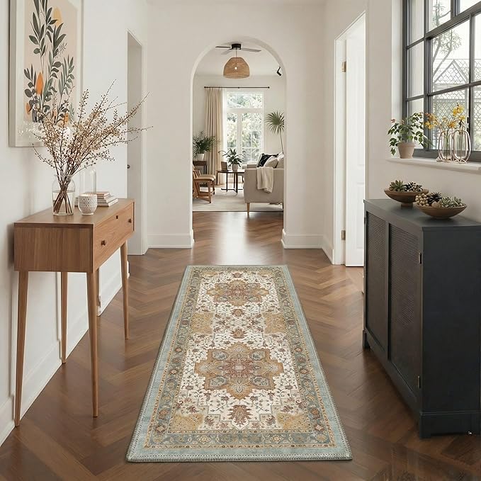 GENIMO 5x7 Area Rugs for Living Room, Machine Washable Rug, Non Slip Indoor Vintage Carpet, Low Pile Lightweight Chenille Print Carpet for Bedroom Dining Room Home Office, Warm Taupe Medallion