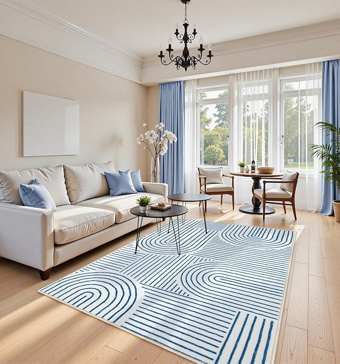Lahome Abstract Washable Area Rugs 5x7, Soft Blue Rugs for Living Room Ultra-Thin Non-Shedding Bedroom Rug, Modern Throw Rug Large Carpet for Dining Room Classroom Office Darrell(5'x7',Blue/White)