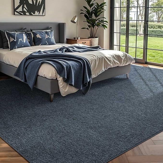 FinRèc Low Pile 6x9 Washable Area Rugs for Bedroom Living Room, Thin Rug Solid Color, Non-Slip Carpet Indoor for Home Decor (Navy Blue/White)