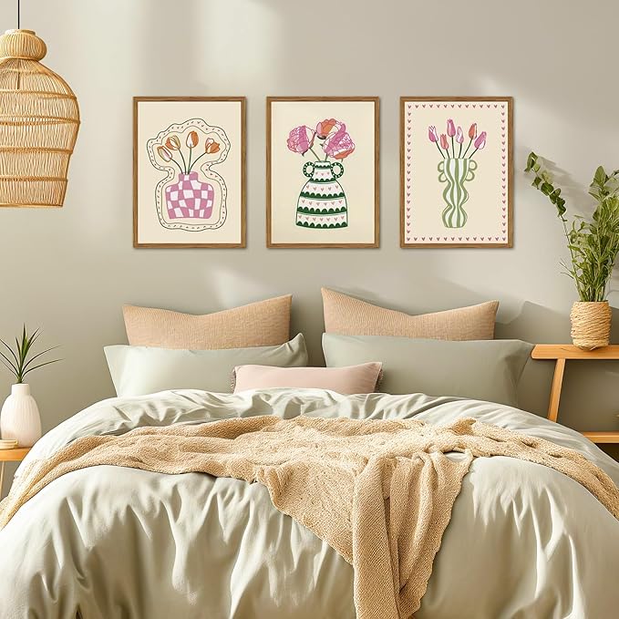 Framed Boho Floral Canvas Wall Art Set of 3, Pink Tulip Flower Paintings Wall Decor, Abstract Botanical Pictures Prints Minimalist Home Decor Aesthetic for Living Room Bedroom Office 16×24 inch