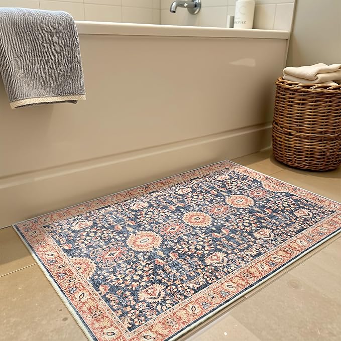 Goideal Washable Rug 2x3, Vintage Area Rugs Non Slip, Indoor Low Pile Carpet with Rubber Backing for Kitchen Bathroom Entryway Office Bedroom,Navy Blue & Orange