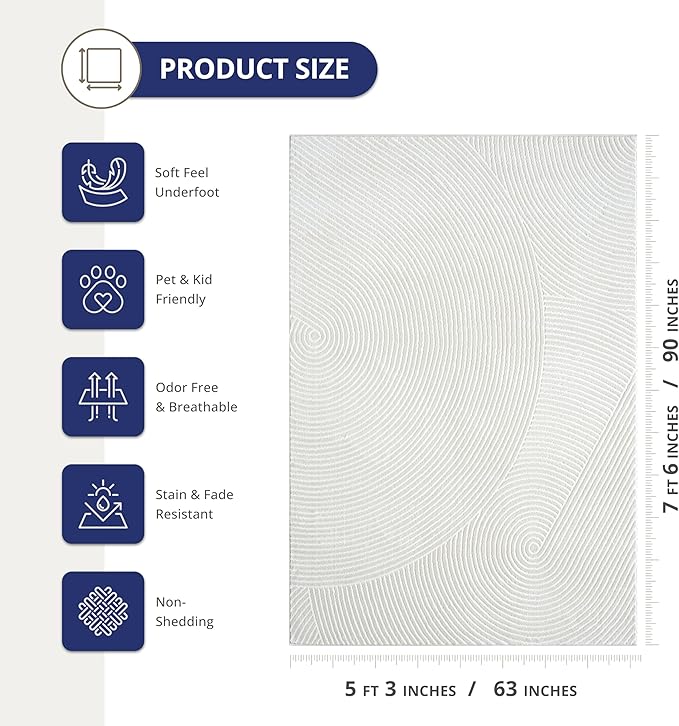 Abani Neutral Cream Area Rug 5' x 8' | White Luxury Zen Carpet | Minimalist Ivory Rugs for Bedroom, Living Room and Dining