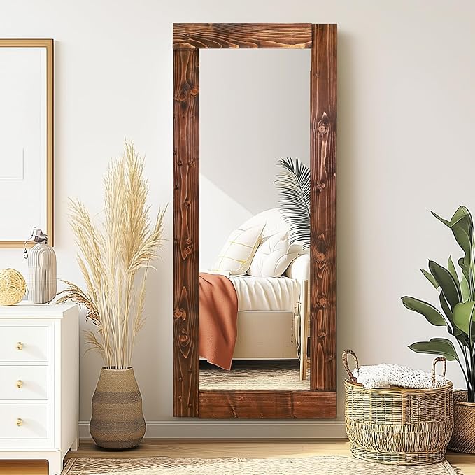 Full Length Mirror 58"x24" – Solid Wood Frame, HD Tempered Glass, Wall Mounted & Leaning, Rustic Modern Decor for Bedroom, Living Room, Entryway, Brown