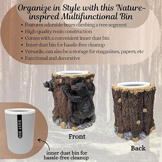 BestGiftEver Small Decorative Vanity Top Wastebasket with Bear Climbing Tree Design | Small Trash Bin for Stylish Touches in Home, Office, or Bathroom - Ideal for Forest and Wildlife Nature Lovers