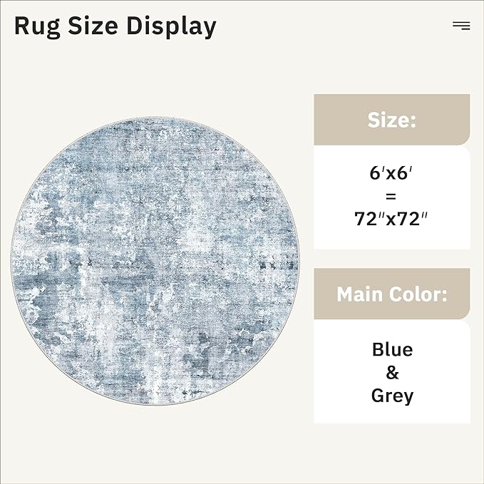 Soalmost 6x6 Blue/Grey Round Rug 6ft Living Room Circle Rug Vintage Round Area Rug Non Slip Indoor Carpet for Dining Room Bedroom