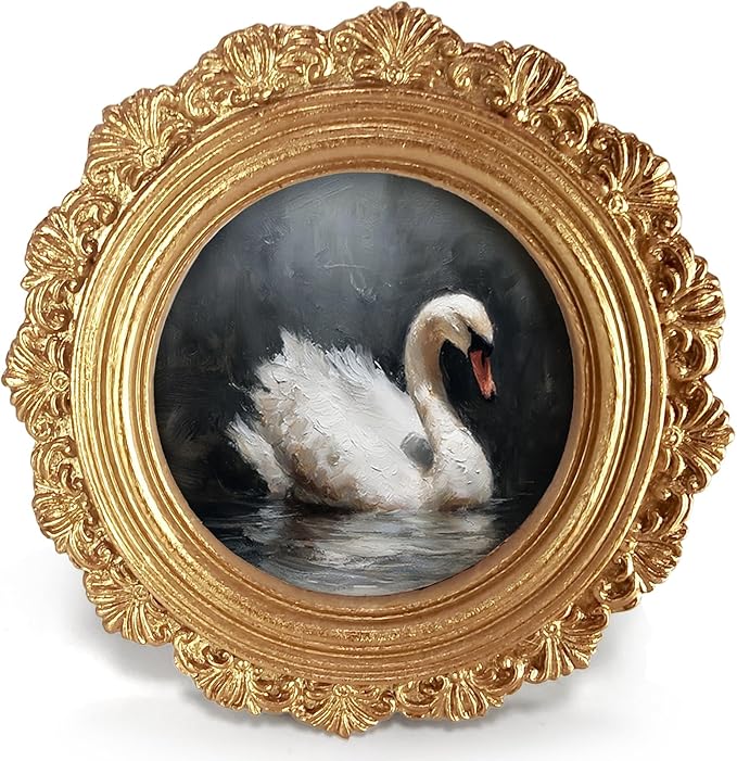 Small Vintage Swan Round Picture Frame Wall Decor, Dark Goose Gold Mini Ornate Photo Frame for TableTop Desk 2.7in Photo, Rustic Framed Artwork for Walls Office Bedroom Shelf