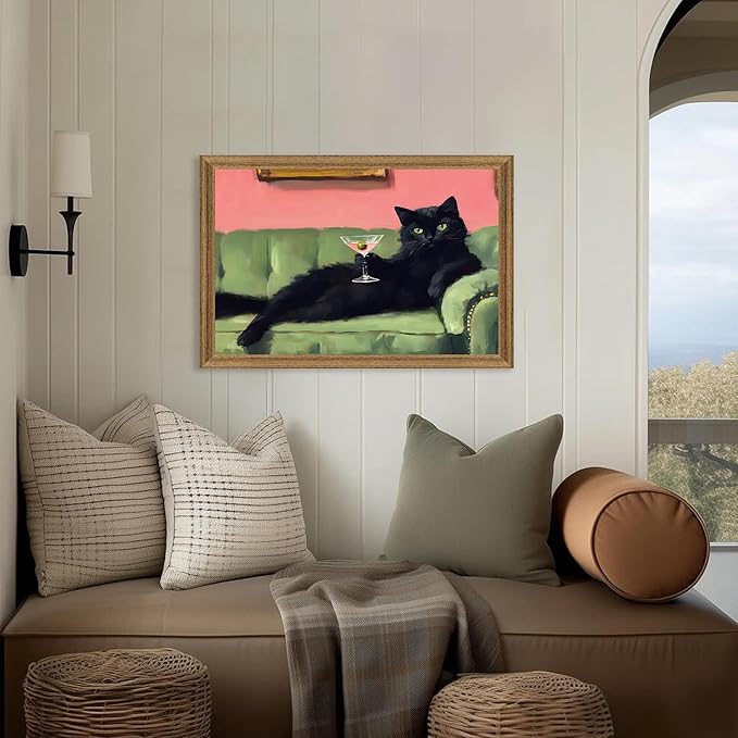 Fantasy Artists Humorous Black Cat Character Wall Art – Relaxed Anthropomorphic Illustration with Playful Attitude, Framed Canvas for Living Room, Office or Creative Space, 20W X 30H