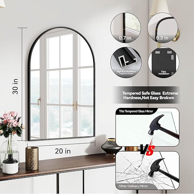 SCWF-GZ 30x20 Arch Mirror Rectangle Wall Mounted Hanging or Against Wall Aluminum Alloy Metal Frame Dressing Make-up Mirrors for Entryway Bedroom Bathroom Living Room 30 20 inch Black