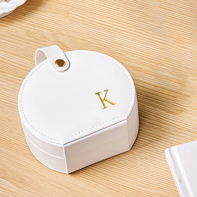Travel Jewelry Case,Personalized Jewelry Box,Elegant Half-Moon Design with Personalized Golden Initial Case,Personalized Gifts for Women,Jewelry organizer;Personalized Gifts for Women or Friends(K)