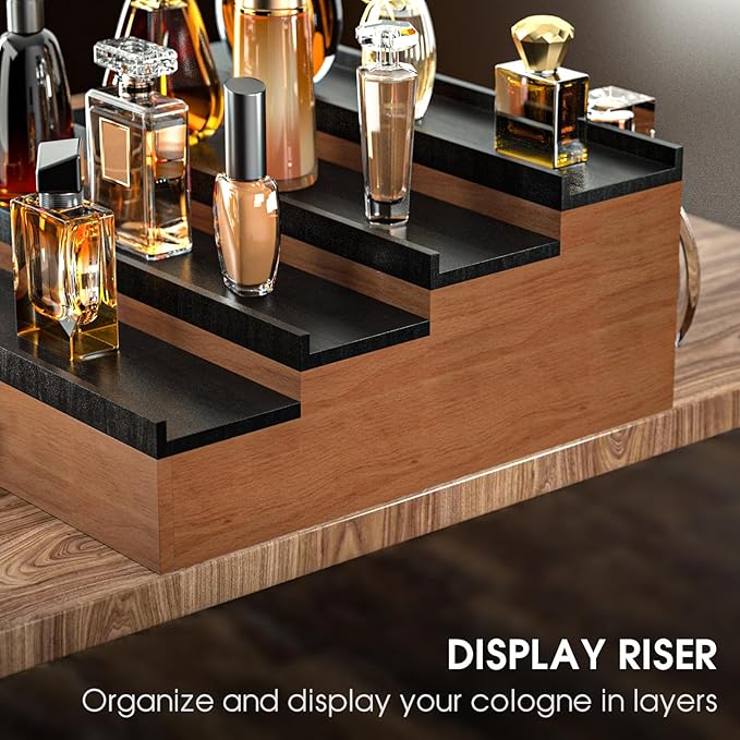 Sephyroth Cologne Organizer for Men 4 Tier of Elevated Cologne Display Shelf with Drawer Storage Perfume Organization and Storage Display Risers,Great Gift for Man(4Tier-WalnutBalck)