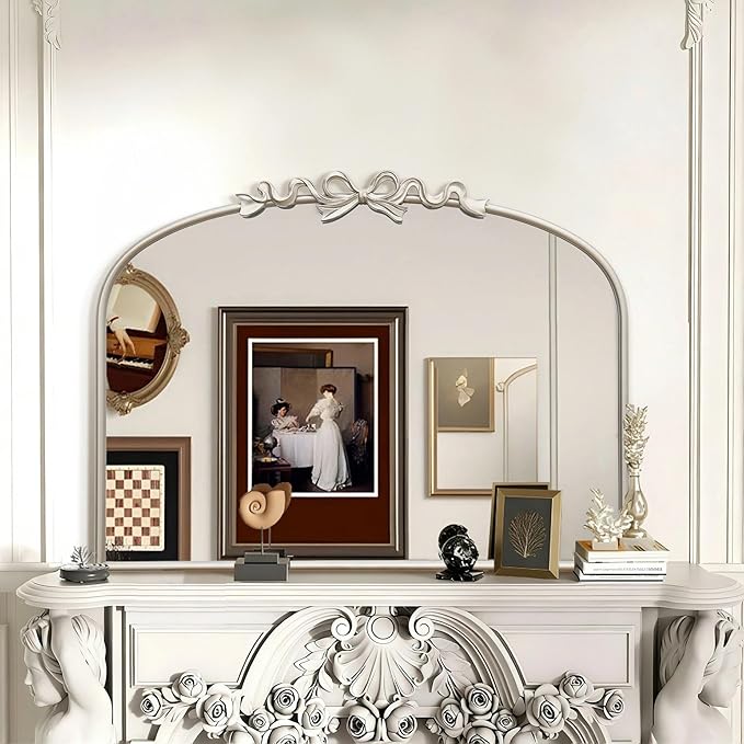 Besdomus Antique Arch Large Mirror: 32"x24" Champagne Silver Bow Antique Wall Mounted Mirror - Baroque Traditional Ornate for Living Room/Fireplace/Bathroom- Home Decor for Homemakers