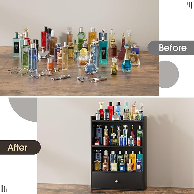 3 Tier Cologne Organizer for Men, Wooden Perfume Organizer Cologne Stand with Drawer Storage Large Capacity, Gift for Men (Black)