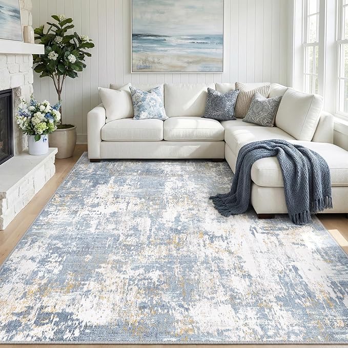 RELEANY Washable Area Rugs 9'x12' Non-Slip Modern Abstract Soft for Living Room Entryway Bedroom Nursery, Print Pattern, Light Blue