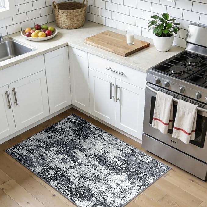 RELEANY Washable Area Rugs 3x4 Non-Slip Modern Abstract Soft for Living Room Entryway Bedroom Nursery, Print Pattern, Black Navy Blue Gray