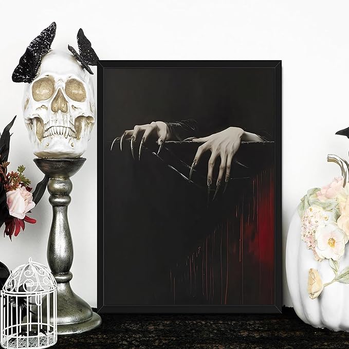 Framed Gothic Clawed Hands Dracula Vampire Canvas Wall Art for Home Decor - Halloween Dark Academia Moody Picture Prints, Occult Spooky Goth Paintings Wall Decor for Corridor 12x16 inch