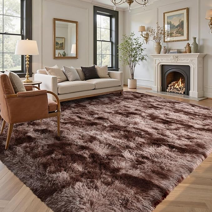 9x12 Area Rugs for Living Room Brown Fluffy Fur Bedroom Rug,Rustic Plush Non-Slip Dark Carpet for Book Room Office,Coffee Stain Resistant