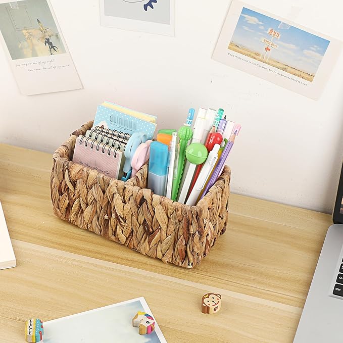 BTSKY Handwoven Remote Control Holder for Table, Natural Water Hyacinth Remote Organizer Caddy Small Wicker Storage Basket, 2-Compartment Office Supplies Desk Organizer Rustic Makeup Brushes Holder