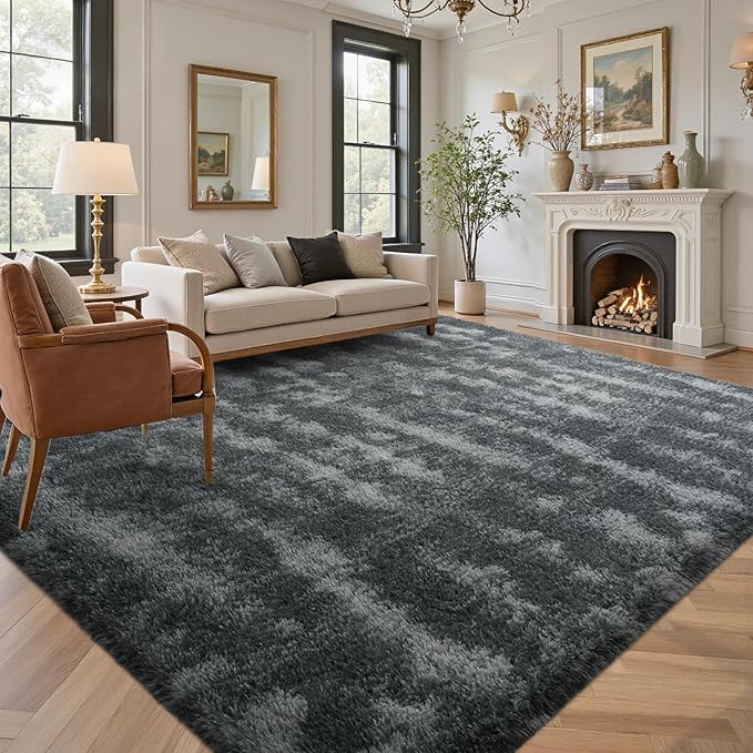 Area Rugs for Living Room 8x10 Feet, Soft Fluffy Shagg Plush Bedroom Rug Non-Slip,Large Carpet for Nursery Kids Dorm Home Decor Rippling Grey