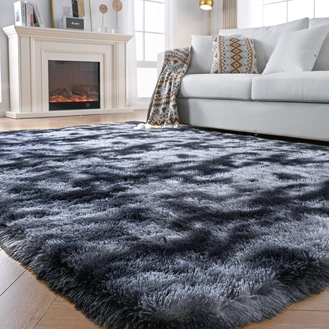Fluffyrug 5x7 Bedroom Rugs: Shag Rug for Bedroom - Area Rug 5x7 Grey Plush Fuzzy Soft Carpet for Living Room (Tie-Dyed Dark Gray)