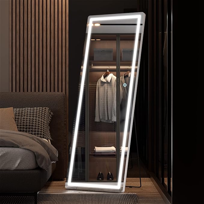 Hasipu Full Length Mirror with Lights, 61" x 22" LED Floor, Full Body Dressing Standing, Hanging Mounted Mirror, Round White