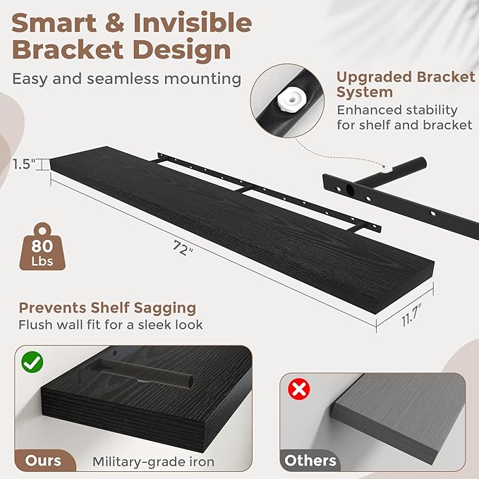 72 Inch Floating Shelves for Wall with Invisible Brackets Set of 2, 12"D Engineered Wood Wall Shelves with Wood Grain for Living Room, Bedroom, Bathroom, Kitchen Decor and Storage, Black Finish