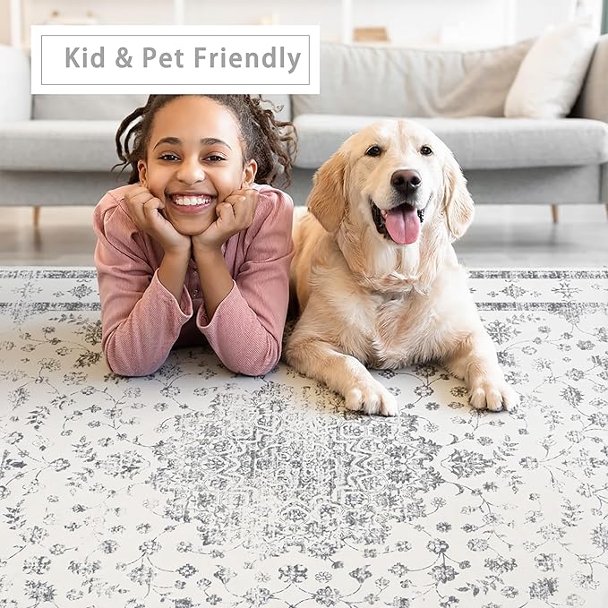 Srugn Washable Rugs 8x10 Area Rugs for Living Room,Rugs for Bedroom,Large Carpets,Ultra Soft Faux Wool Retro Dining Room Rug,Non Slip&Non-Shedding Low Pile Vintage Print Rug for Home Office-Grey