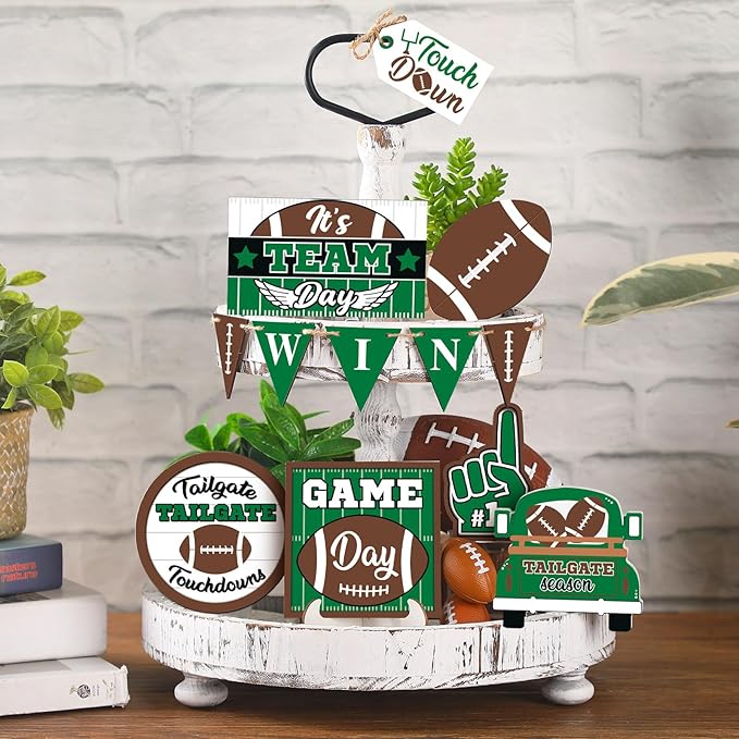 13 Pcs Football Tiered Tray Decor Wooden Football Table Centerpieces Decor Rustic Wooden Sport Game Sign for Fans Rugby Theme Party Supplies