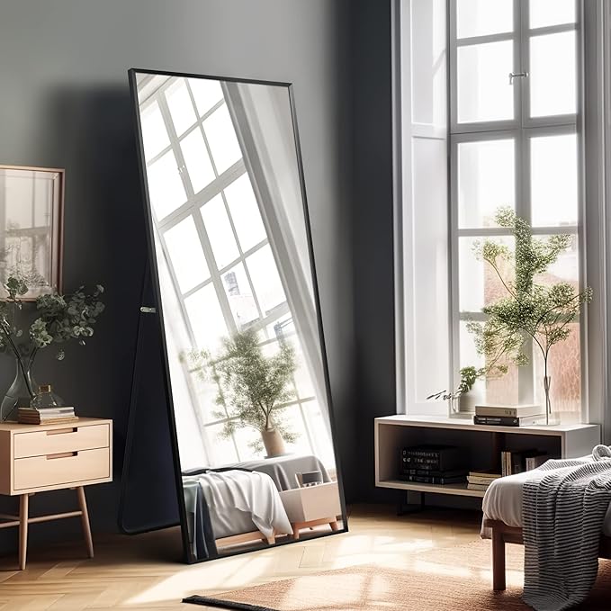 NeuType Full Length Mirror, 64"x21" Body Mirror with Stand Floor Standing Wall-Mounted Hanging or Leaning Against Wall Aluminum Alloy Thin Frame (Black)
