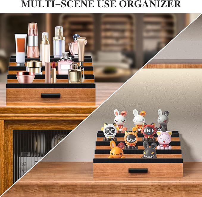 Vdamu Cologne Organizer for Men,4 Tier of Elevated Cologne Display Stand with Drawer Storage,Ladder Cologne Display,Perfume Organizer and Storage Display Risers,Great Gift for Men (Walnut Black)