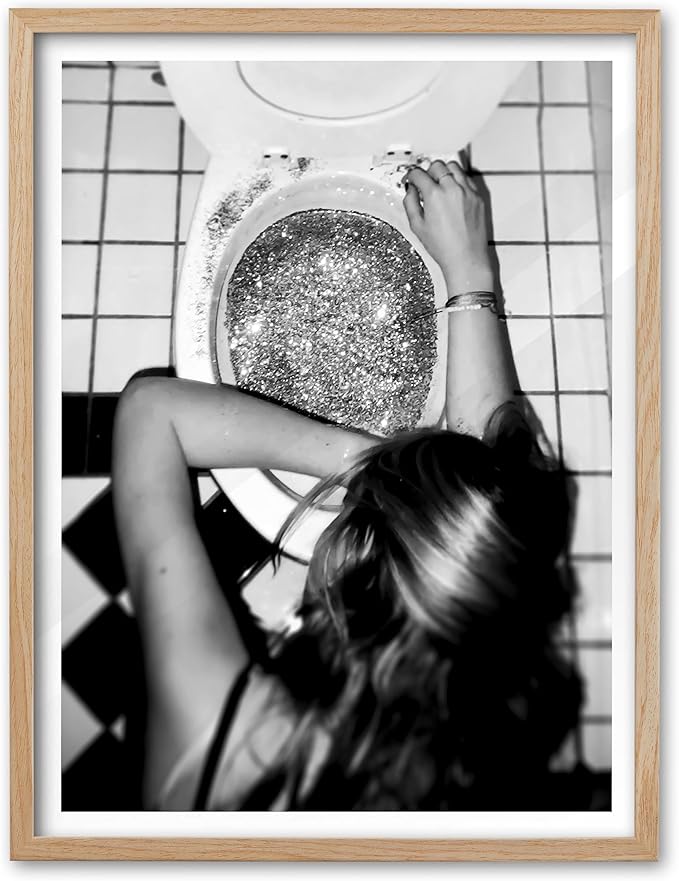 EcoHest Small Trendy After the Disco Party Framed Wall Art, 8x10 in OAK Wood Black and White Funny Bathroom Canvas Art, Teen Girl Poster College Dorm Decor, Set of 1 for Bedroom Living Room