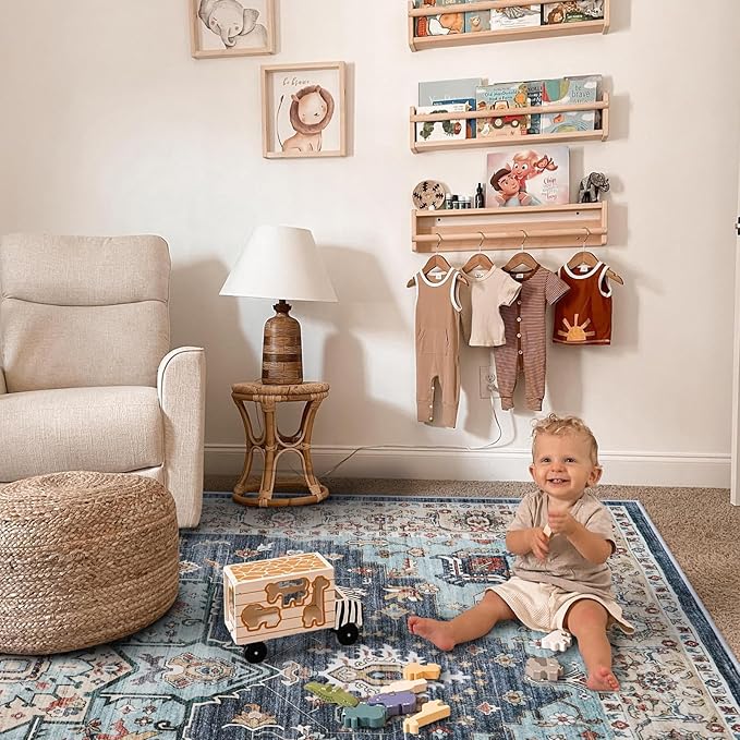 Washable Oriental Hallway Runner Rug - 3x8 Rugs for Living Room Soft Carpet for Bedroom Kitchen Waterproof Floral Distressed Indoor Stain Resistant Non-Shedding Floor Carpets (Blue/Teal/Orange, 3X8)