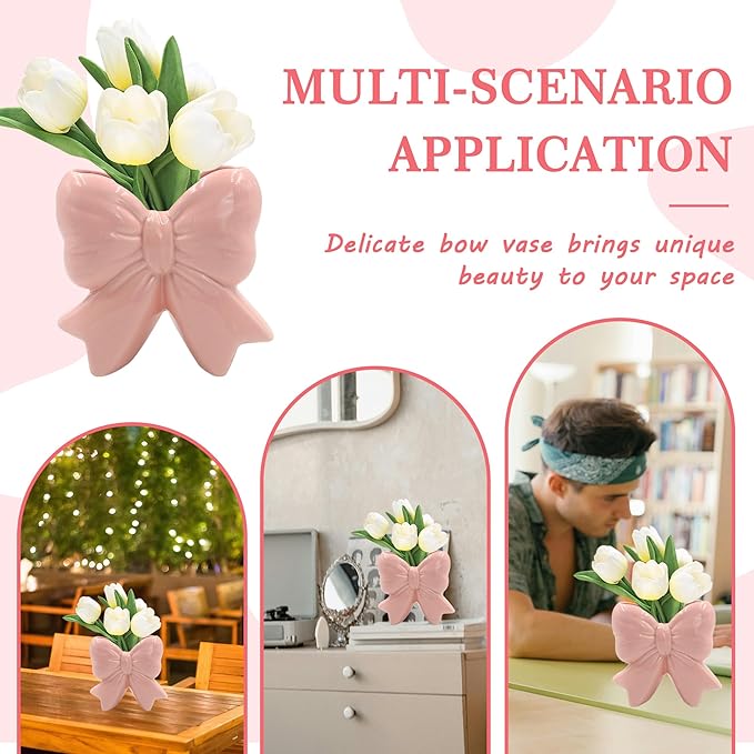Small Ceramic Vases for Flowers, Cute Bow Vase, Pink Makeup Brush Organizer, Decorative Pen Holder, Ideal Women Gifts for Table, Office, Living Room, Shelf Decor