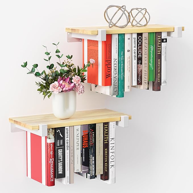 NANATI 2 Set of Floating Bookshelf with White Shelf Brackets, Pine Wood Invisible Bookshelf, Hanging Bookshelves for Wall, Unique Space Saving Wall Bookcase, White(16.5L×8.7W×1.5H)