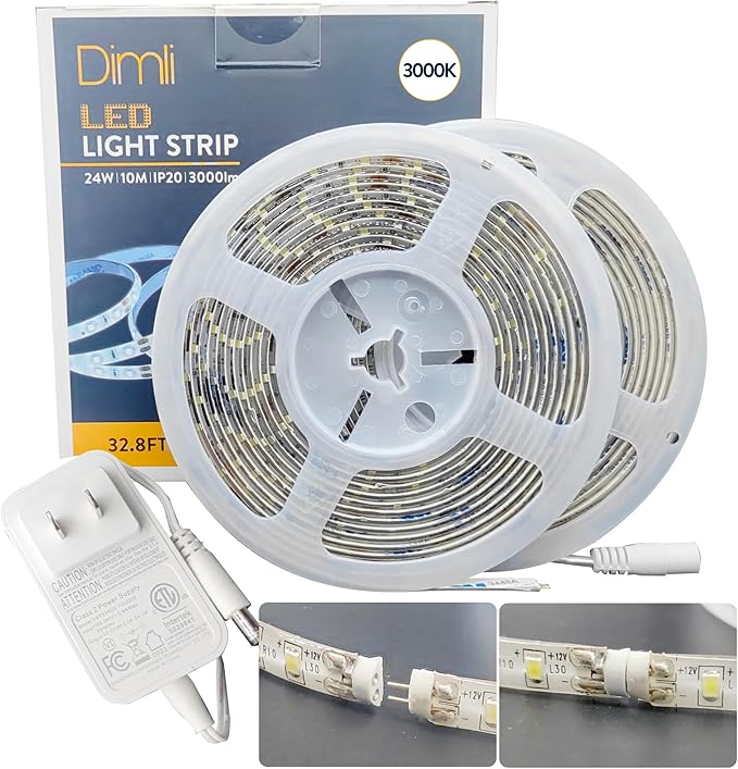 32.8FT Warm White LED Strip Lights Soft White 600 LEDs 3000K Waterproof Light Strip LED Lights for Bedroom, Kitchen Cabinets, Living Room, ETL Adapter Included (3000K Warm White, 32.8FT)