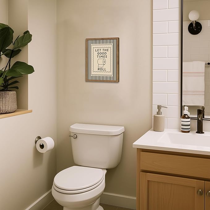 Framed Funny Bathroom Wall Art, Let The Good Times Roll Canvas Wall Decor Painting, Humorous Toilet Quote Artwork Poster Print Picture for Modern Farmhouse Bathroom Decor 12x16 Inch