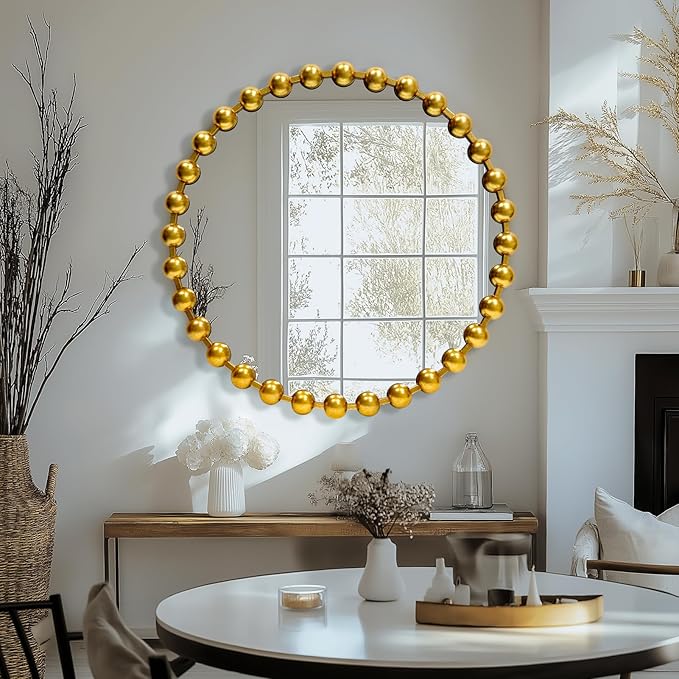 Round Gold Mirror 28'', Spherical Frame Round Mirror for Living Room, Beaded Mirror for Bathroom, Dining Roon, Bed Room, Entryway